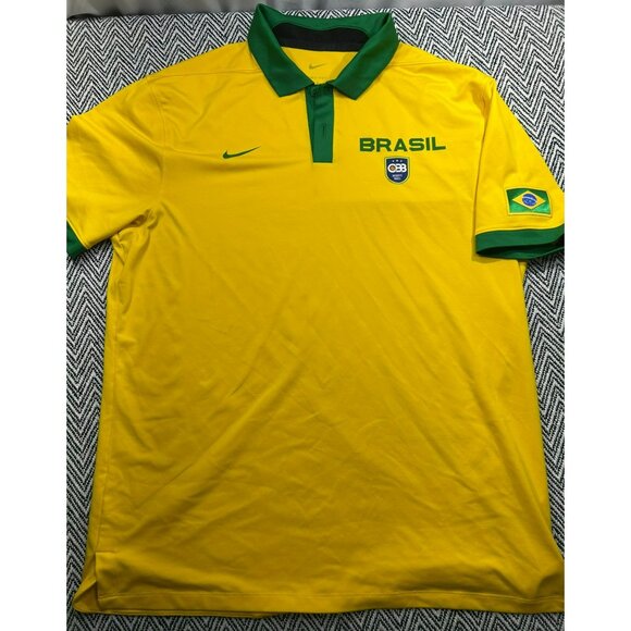 Nike Other - Nike Brasil Basketball Yellow Polo Shirt Green Collar & Sleeves Dri-Fit Size M
